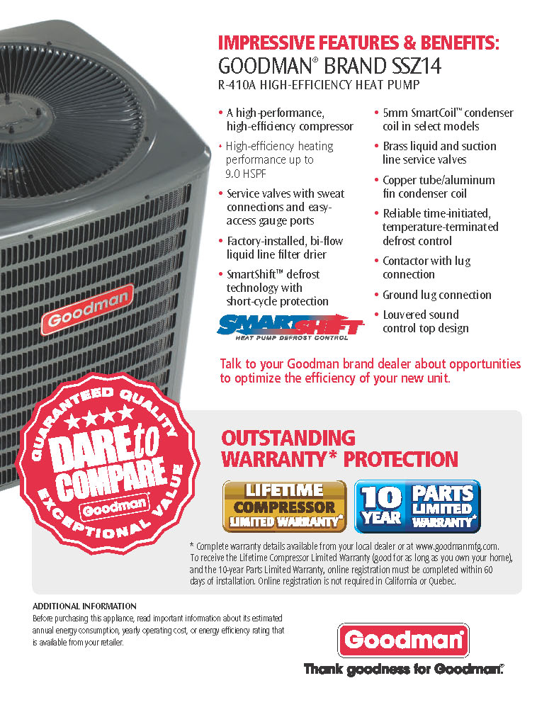 Goodman 1.5 Ton 14 SEER Heat Pump Condenser SSZ140181 (4010)(T)